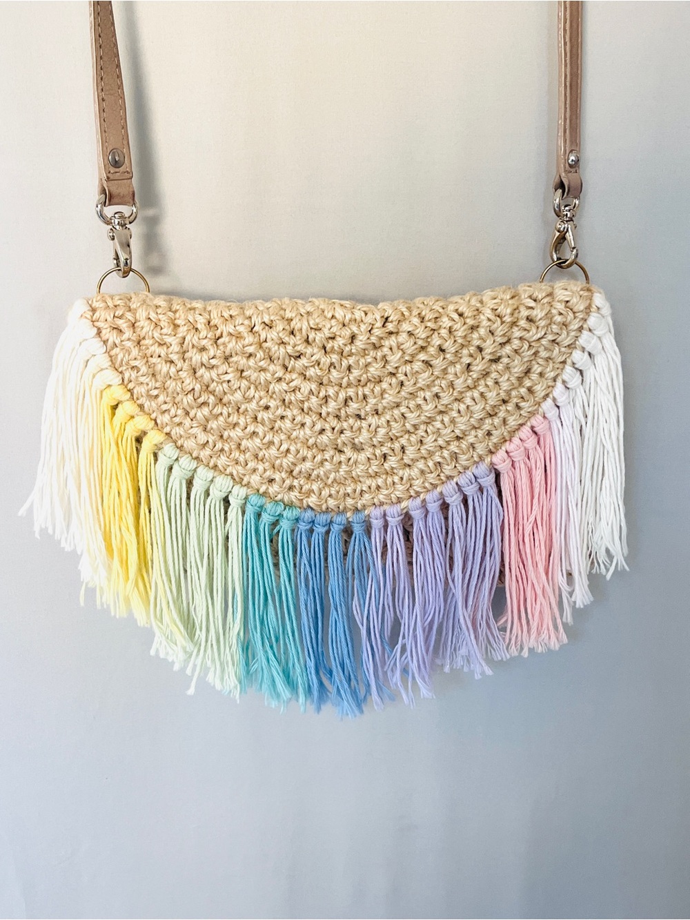 Boho Crochet Fringe Crossbody Bag Rainbow Tassel Beach Festival Purse